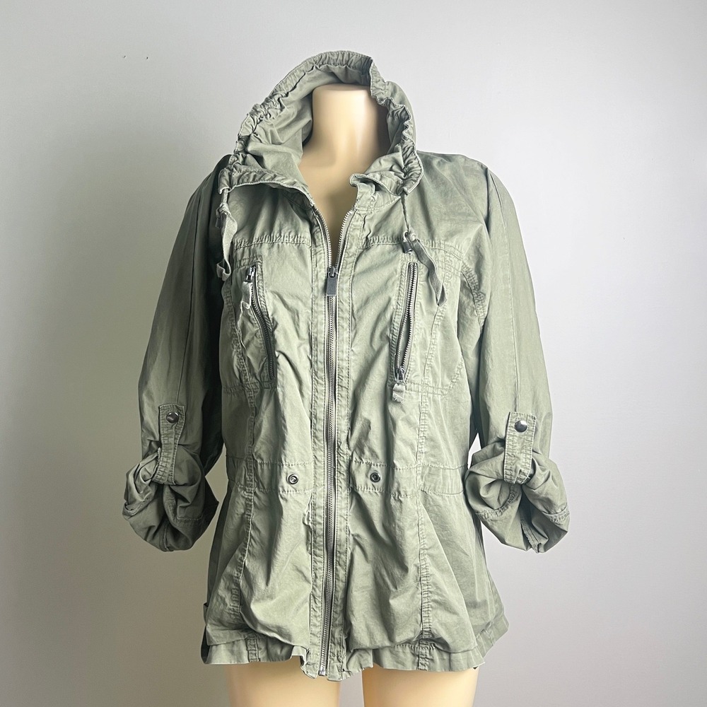 Utility Jacket Womens XL Cotton Roll Tab Funnel Neck Khaki Green Field Gorpcore